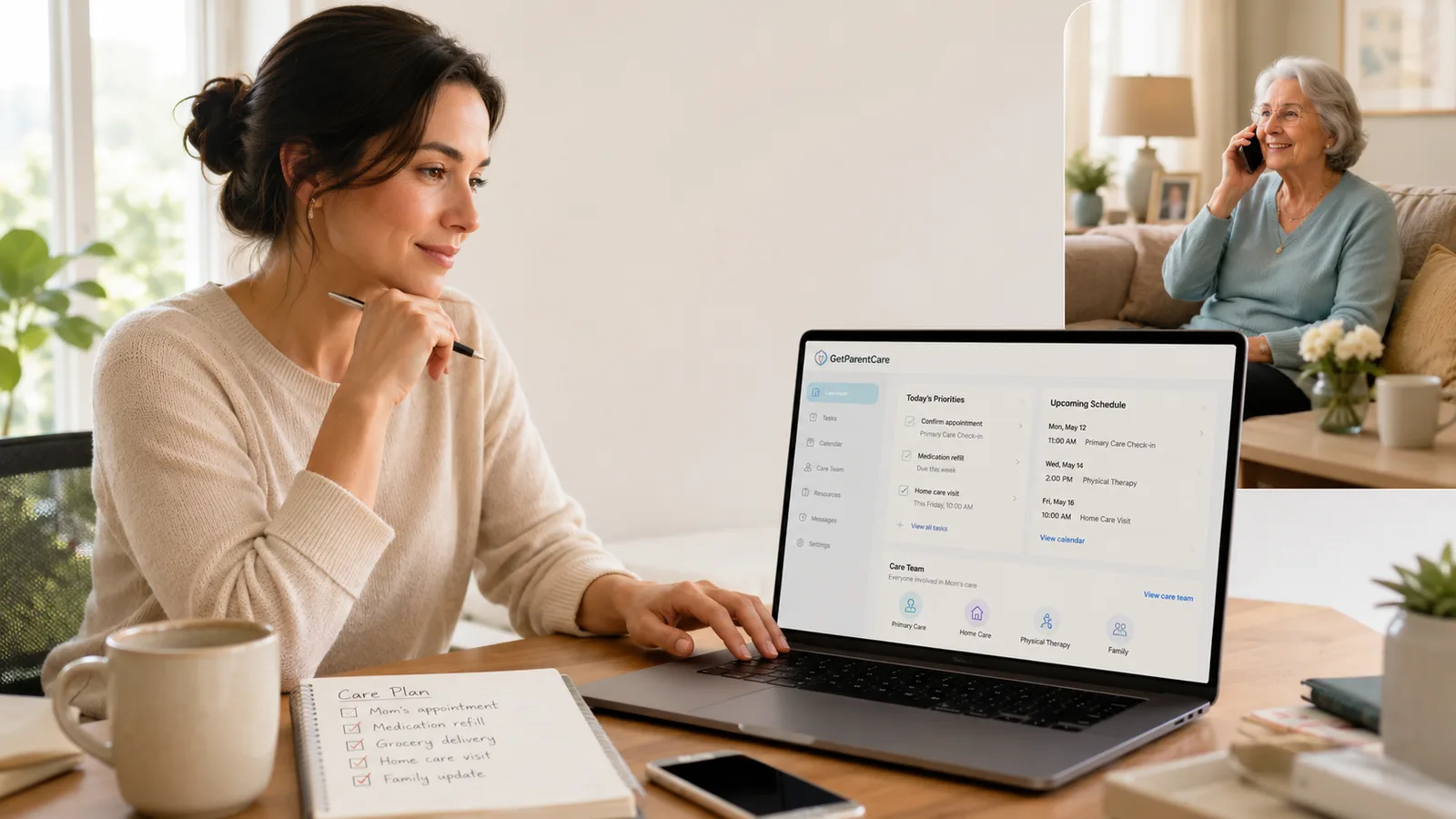 An adult daughter reviews her mother's care plan and upcoming appointments on a laptop while her mother takes a call at home.