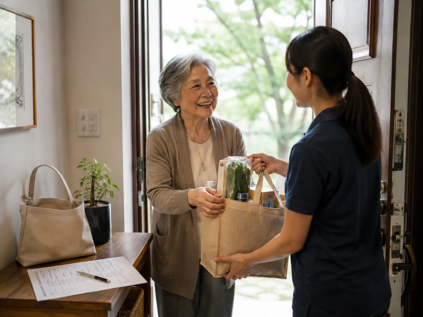 A home care aide hands a bag of groceries to a smiling older woman at her front door, with a care checklist on the hall table.