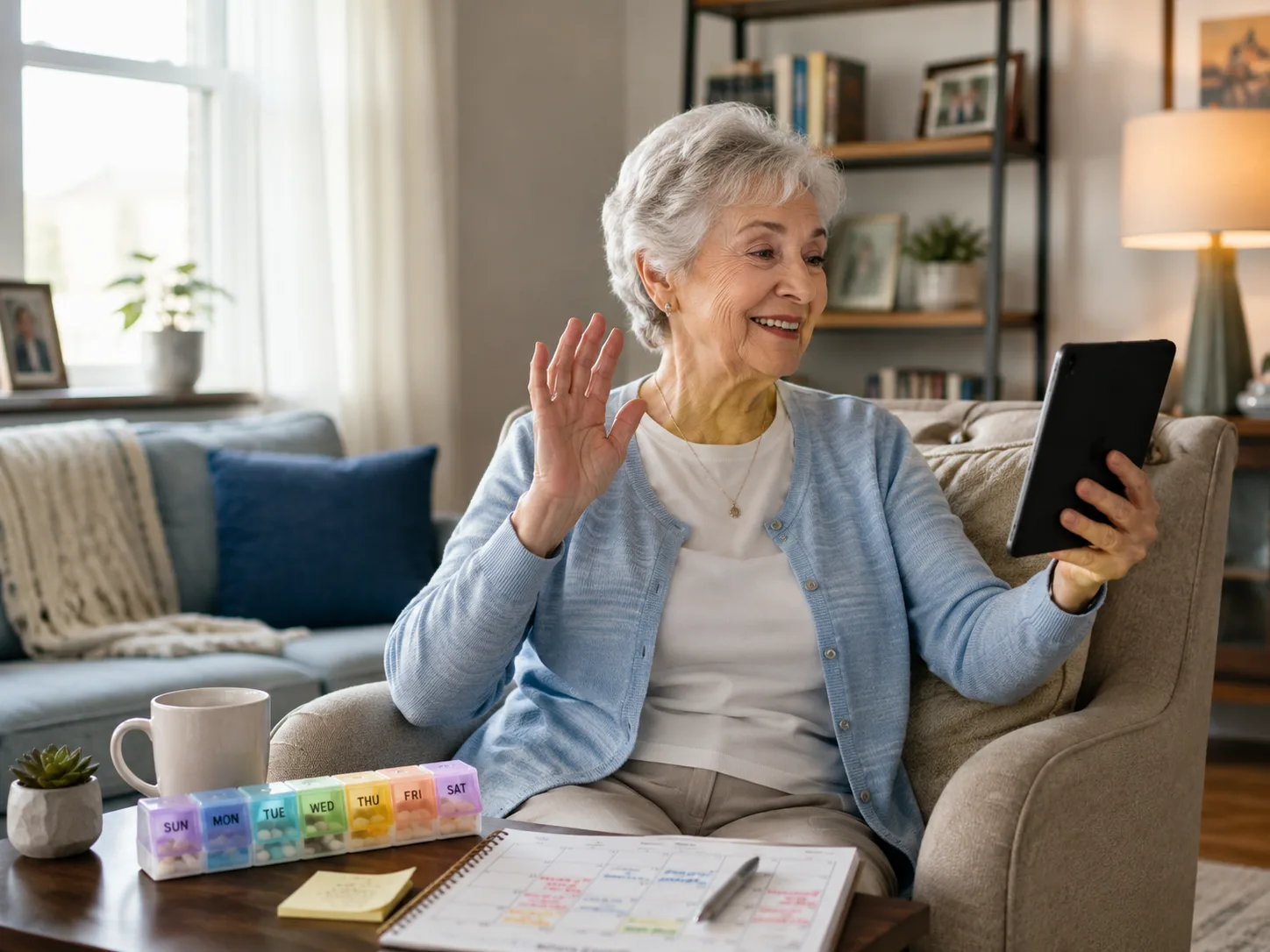 An older woman waves during a video call from her living room, with a weekly pill organizer and a marked-up calendar on the table beside her.