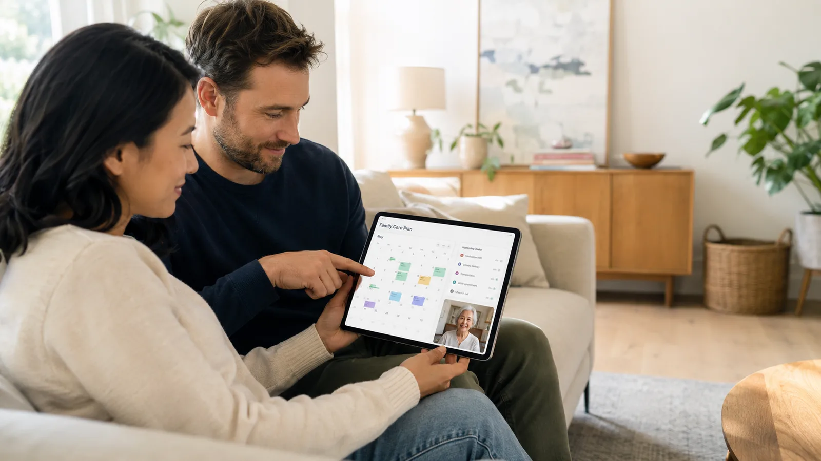 Two adult siblings sit together on a sofa reviewing their mother's shared care plan calendar on a tablet.